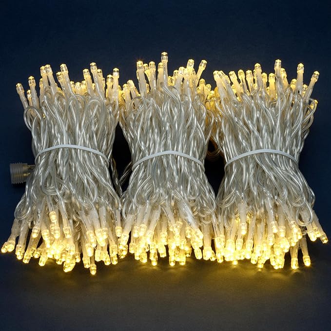 YULETIME 100 ft 300 Count Warm White LED String Lights with Adapter, Clear Wire Wide Angle 5mm Christmas Light (Warm White)