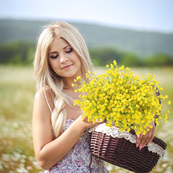 N&T NIETING Babys Breath Artificial Flowers Bulk, 10Pcs Fake Gypsophila Bouquet Flowers Real Touch Faux Babies Breath Arrangement for Wedding Floral Party Home Centerpieces Vase Decoration, Yellow