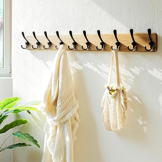 Dseap Coat Rack Wall - Heavy-Duty 38-1/4" Long, with Reinforced 10 Custom Tri-Hooks, Solid Wood Wall Hanger for Coats Hat Jackets - Rustic Farmhouse Entryway Storage,Weathered Brown & Black,Pack of 2