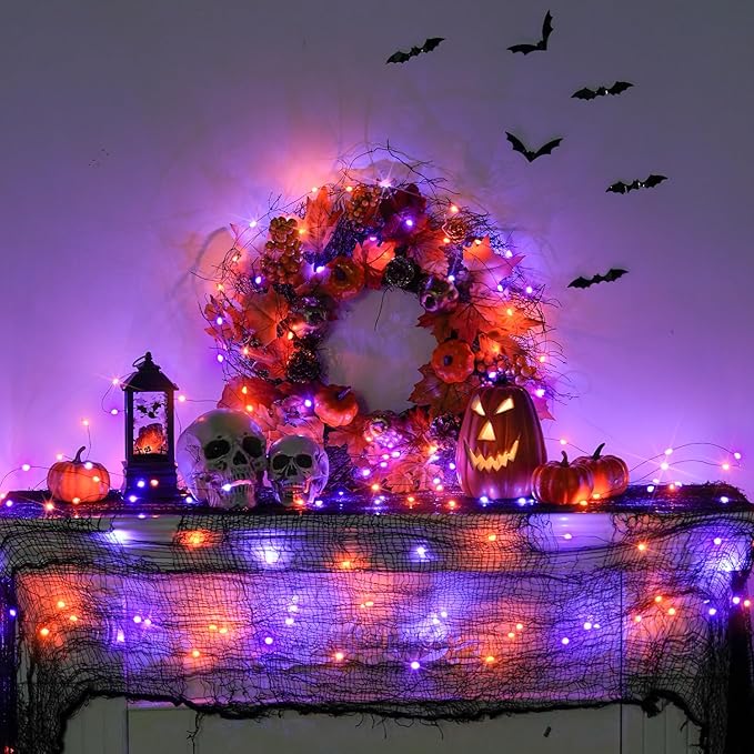 JMEXSUSS 4 Pack 50 LED Fairy Lights Battery Operated: Orange and Purple Halloween Lights - Perfect for Halloween Decorations, Parties, and Home Decorations