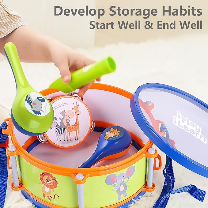 iPlay, iLearn Toddler Musical Instruments Toys, Kids Drum Set, Baby Trumpet, Percussion, Harmonica, Maraca, Flute, Tambourine, Birthday Gifts for 18 Months Olds Ages 2 3 4 5 Years Boys Girls Children