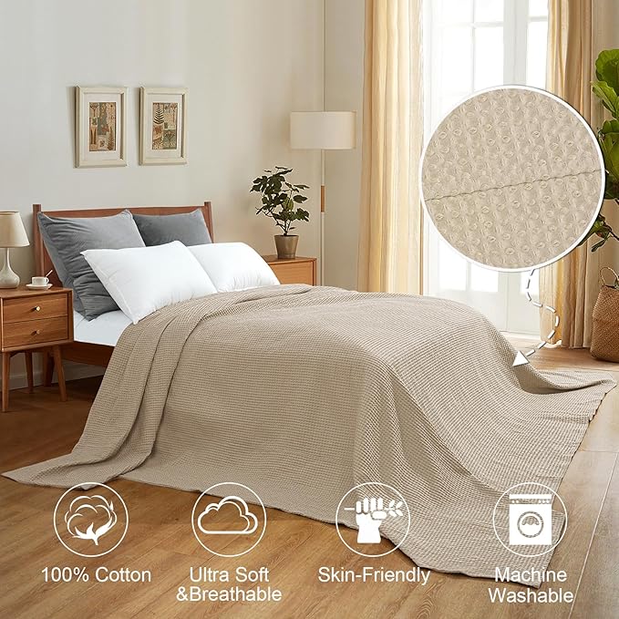 PHF 100% Cotton Waffle Weave Family Blanket,Oversized King Size 120"x 120"-Pre-Washed Snag Proof Lightweight Breathable Moisture-Wicking, 10'x 10' Huge Extra Large Big,Home Decor-Khaki/Simply Taupe