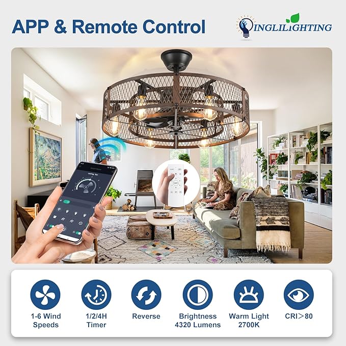 DLLT Caged Ceiling Fan with Lights: 26" Bladeless Fandelier with Light and Remote - Walnut Industrial Chandelier Fan Light for Bedroom Living Dining Room Kitchen