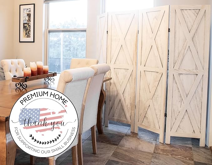 Premium Home 4-Panel Room Divider – Rustic White Barn Door, X Pattern Folding Privacy Screen, Partition Wall