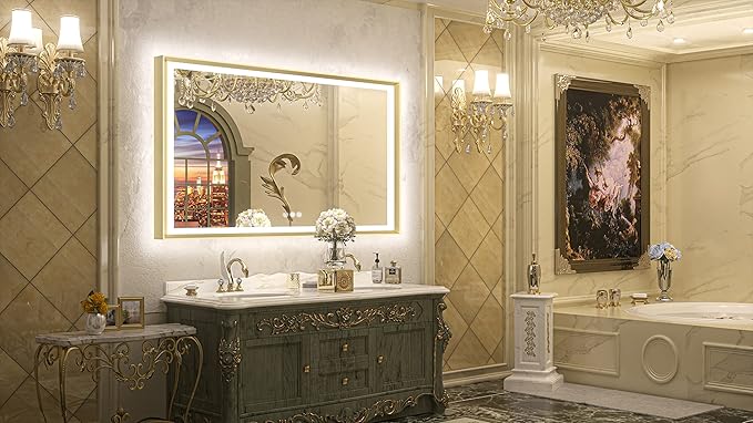 TETOTE Gold LED Bathroom Mirror with Lights 55x36 Front & Back Light Vanity Framed Mirror Baroque Anti Fog Dimmable White/Warm/Natural,CRI90+,Waterproof,Wall Mounted(Horizontal/Vertical)