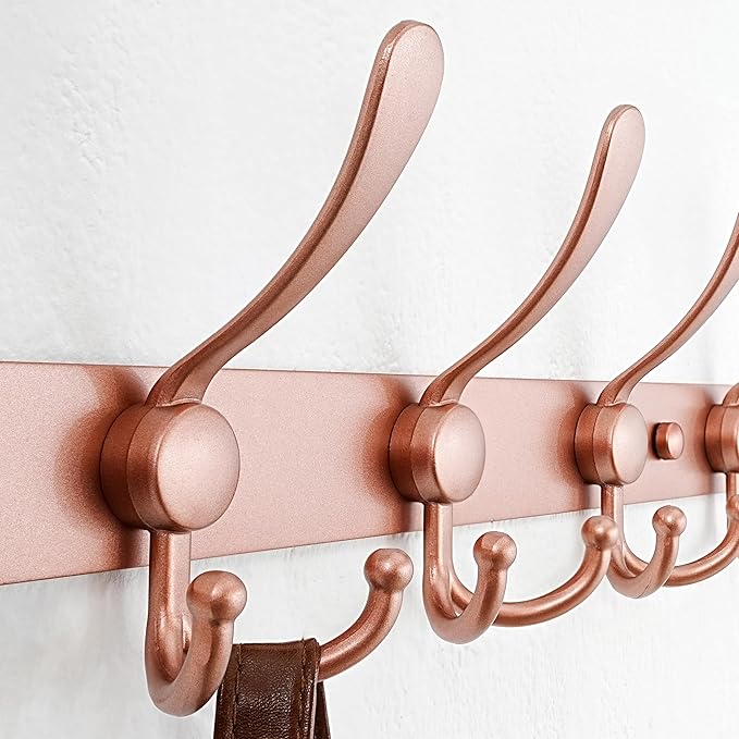 Dseap Coat Rack Wall Mount - 38” Long 10-Tri-Hooks Heavy Duty Coat Hanger Rail Wall Hooks for Hanging Coats Hats Clothing Clothes Purse Mudroom Entryway, Rose Gold