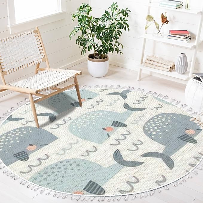 Round Boho Pastel Colours Whale in The Waves Seamless Cute Ocean Creatures Area Rug Linen Carpet Patio Hallway Runner Mat Pad Minimalist Home Decor for Living Room Outdoor