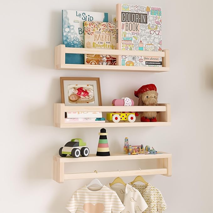 Heimlove Nursery Floating Shelves, Wood Nursery Book Shelves for Wall, 16 inch Wall Bookshelf for Kids Solid Wood Wall Mounted Shelves for Books,Toys and Decor Storage, Set of 3