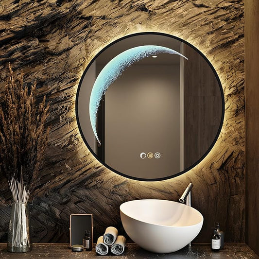 24'' Round Bathroom Mirror with Light, Black Circle Mirror with Backlit & Half Moon Light, Anti-Fog, Dimming Wall-Mounted LED Vanity Mirrors for Bathroom, Home Decor, Entryway