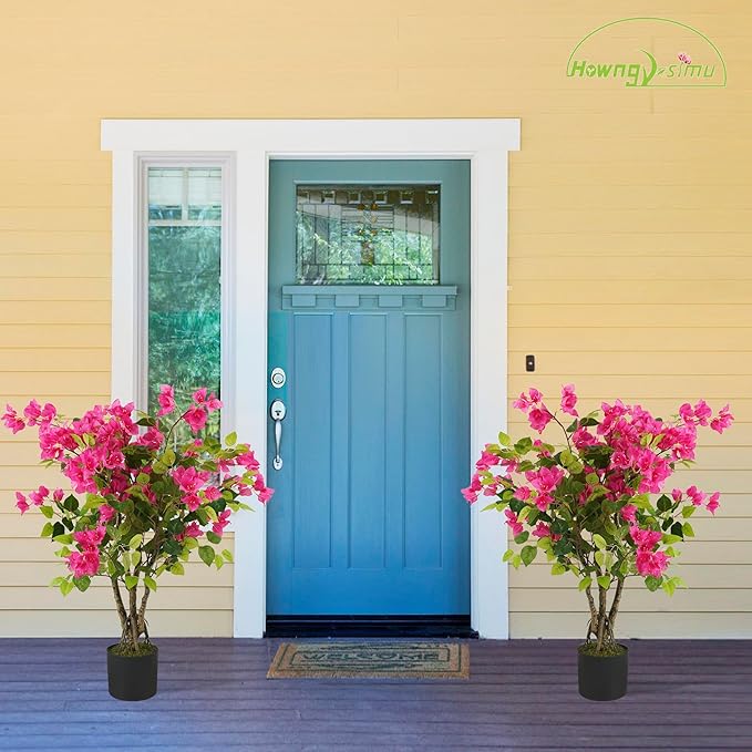 2 Pack Artificial Bougainvillea Tree, 3FT Faux Silk Floral Tree Bougainvillea Plant with Flowers in Plastic Pot for Home Office Garden Indoor Outdoor Decor