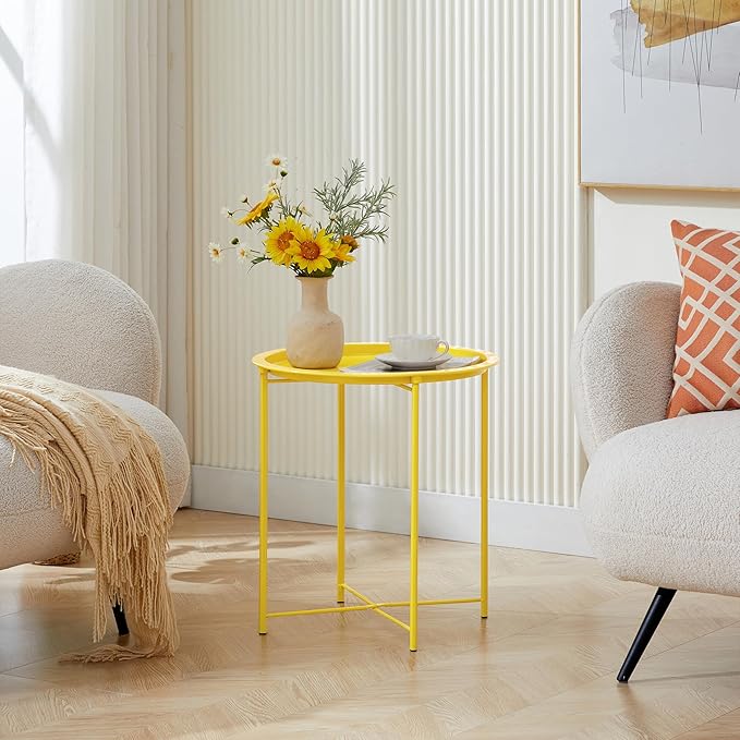VECELO Side/End Table, Folding Round Metal Anti-Rust and Waterproof Outdoor or Indoor Tray for Living Room Bedroom Balcony and Office, 2 PCS, Yellow