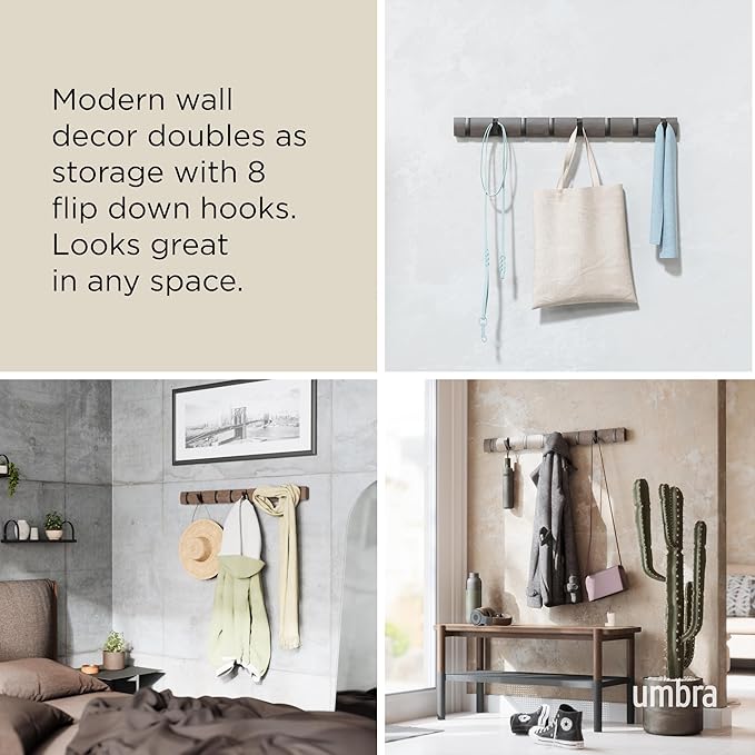 Umbra Flip Wall-Mounted Coat Rack Rail Hook for Hats, Jackets, Bags and More – Modern, Space-Saving Storage Organizer for Entryway, Mudroom, Closet, Bathroom, Bedroom, Kids Room, or Nursery, 8 Hooks,