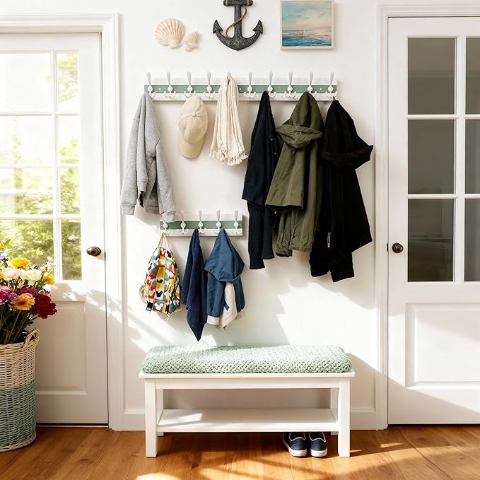 SKOLOO Coastal Wall Mounted Coat Rack - 17" Beach House Entryway Wooden Coat Hook with 5 Hooks for Hanging Coats, Hats or Towels, Oceanfront Cottage Core Collection, White & Green, Pack of 2