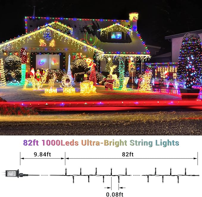 Quntis 82ft 1000 LED Cluster Christmas Lights - Dark Green Wire Christmas Tree Lights - 8 Modes Outdoor Waterproof Christmas String Lights Plug in for Holiday Wedding Party Home Decor, Multicolor