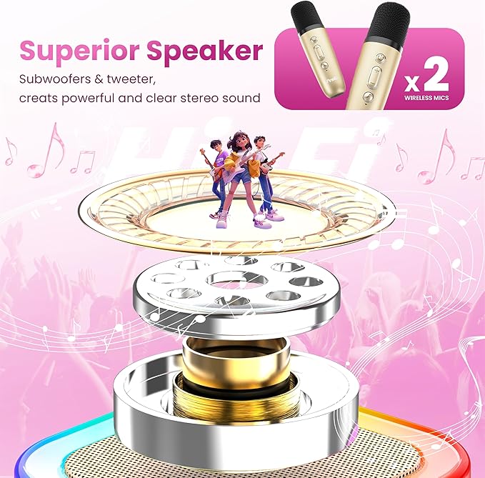 Mini Karaoke Machine for Kids Adults, Portable Karaoke Microphone Singing Speaker Bluetooth Karaoke Player with 2 Wireless Mic, Birthday Gifts for Girls Boys 4-12 Year Old, Family Home Party(Gold)