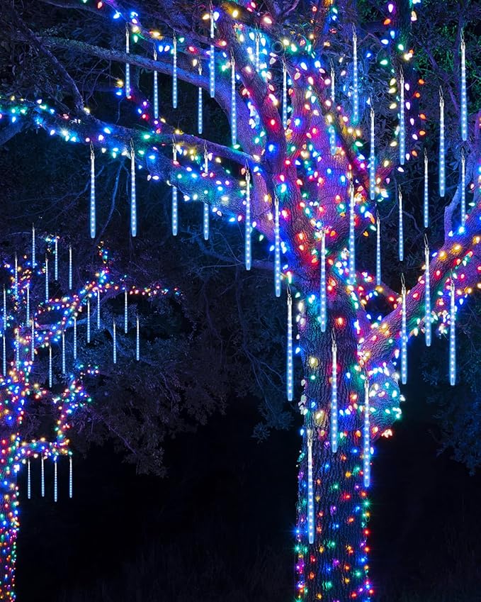 Joomer Christmas Lights Outdoor, 11.8 inch 10 Tubes 240 LED Meteor Shower Lights, LED Snow Falling Icicle Cascading Light with Timer Waterproof and Connectable for Christmas Decoration (Blue)
