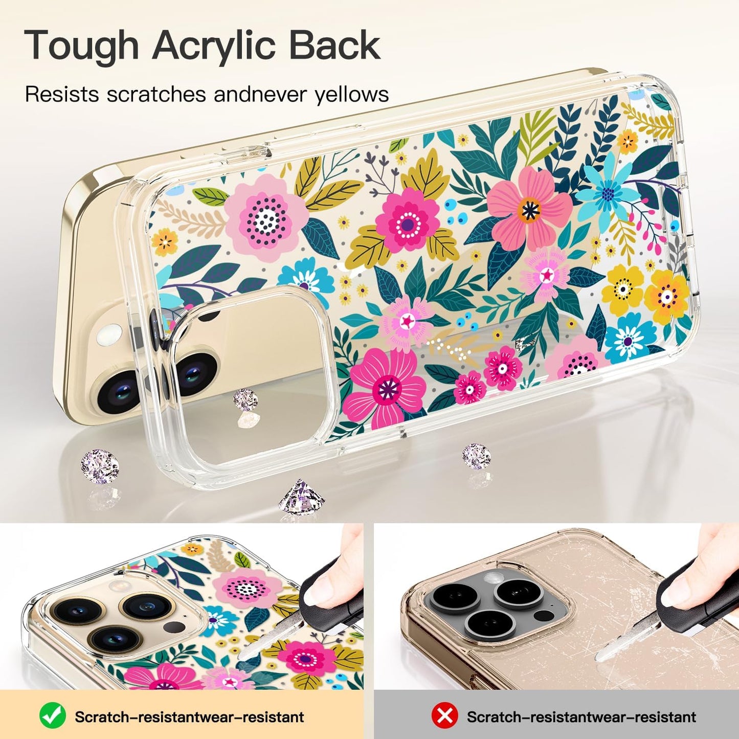 ICEDIO iPhone 12 Case with Screen Protector, Clear with Colorful Blooming Floral Patterns for Girls, Slim Fit
