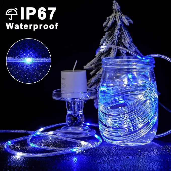 JMEXSUSS 2 Pack Rope Lights Battery Operated Christmas Lights Outdoor, Total 200LED 66ft 8 Modes Battery Powered String Lights with Remote, Blue and White String Light for Christmas Decor