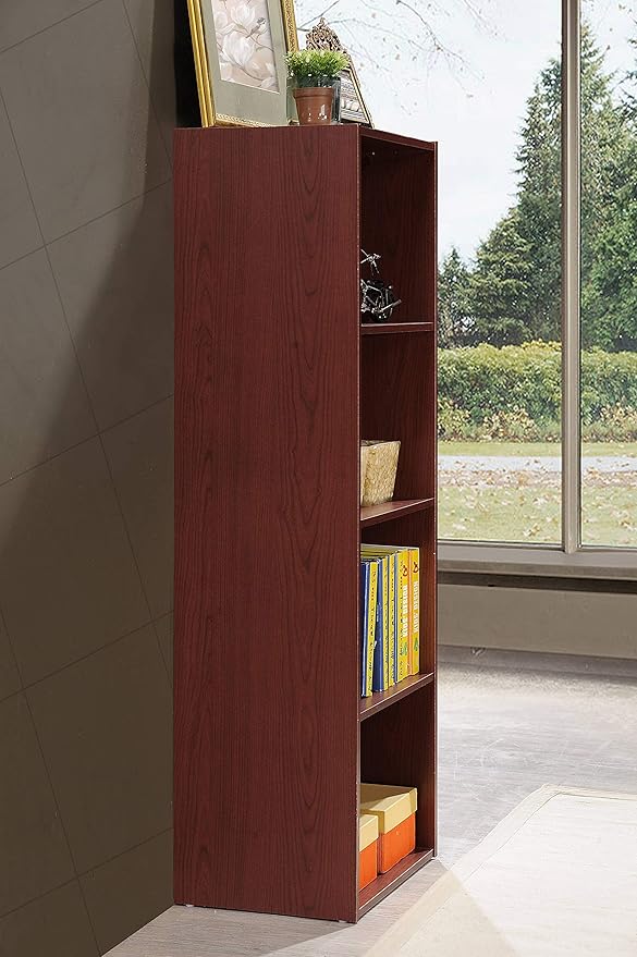 HODEDAH IMPORT 4-Shelf Bookcase Cabinet, Mahogany