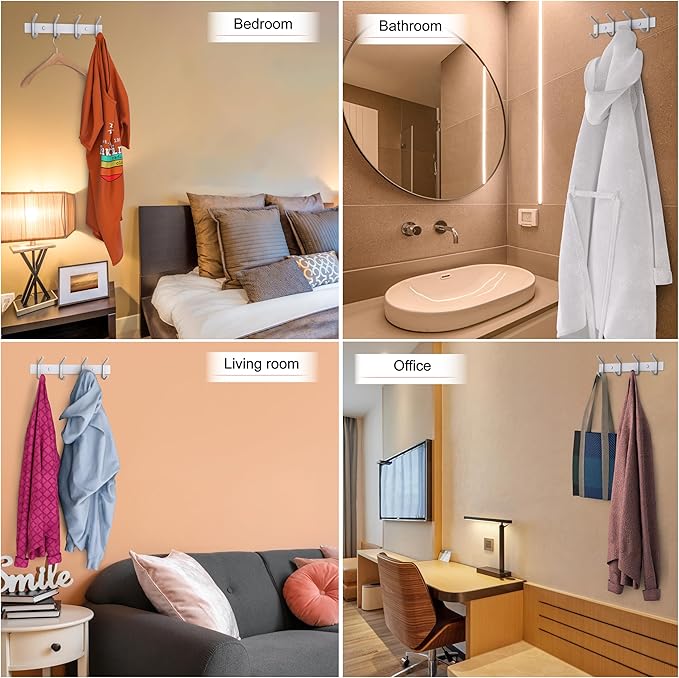 White Coat Rack Wall Mount – 12 Inch Stainless Steel Hook Rail with 4 Heavy Duty Double Coat Hooks – Wall Mounted Coat Hanger for Entryway, Bathroom, Bedroom, Towel, Hat Organizer