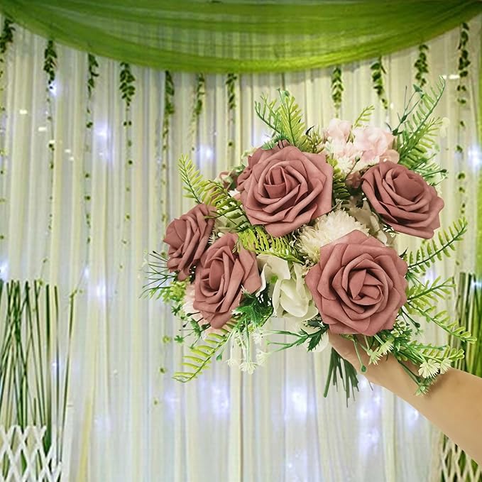 Artificial Rose Flowers 25pcs, Brown Foam Fake Rose Faux Flower for Wedding Bouquets Bridal Shower Centerpieces Floral Arrangements Home Decorations Party Backdrops Table