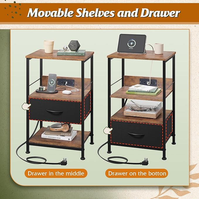 WLIVE LED Night Stand, Nightstand with Charging Station, Small Bed Side Table with Fabric Drawer and Open Shelves, Tall End Table with USB Ports & Outlets, Black and Rustic Brown