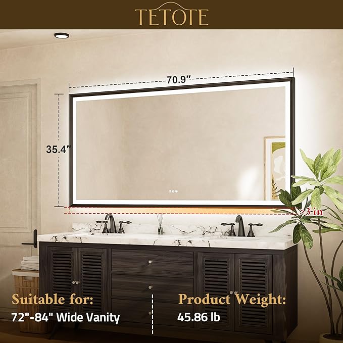 TETOTE 72x36 LED Bathroom Mirror with Lights Gold Metal Framed Front & Back Light Vanity Mirror Baroque Antifog Stepless Dimmable White/Warm/Natural,CRI90+,Waterproof,Wall Mounted(Horizontal/Vertical)