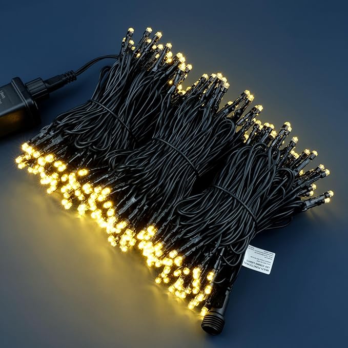 YULETIME 100 ft 300 Count Warm White LED String Lights with 8 Models Adapter, Black Wire Wide Angle 5mm Christmas Lights (Warm White - Black Wire)