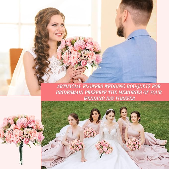 Tigeen 12 Pcs Peonies Artificial Flowers Faux Roses Silk Flowers Hydrangea Artificial Bouquet for Wedding Table Centerpiece Floral Vase Home Office Bridal Decor (Pink)