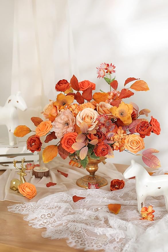 Orange Artificial Flowers Combo Box Set Fall Silk Flowers Fake Rose for DIY Floral Arrangements Wedding Bouquets Centerpieces Baby Shower Party Home Decorations