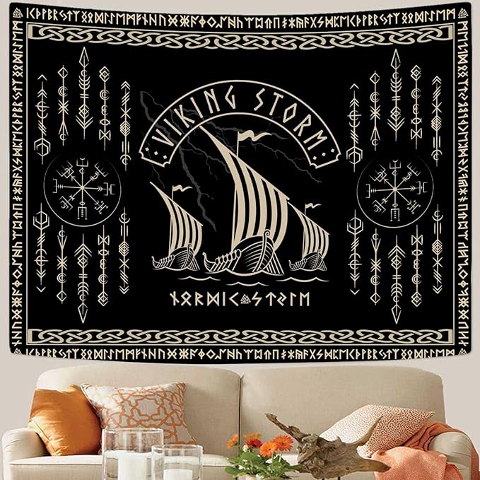 OSUNBD Viking Warship Tapestry Wall Hanging - Large 100x90 inches Storm & Celtic Runes on Soft Flannel Aesthetic Mythology Tapestries Norse Mythology Art for Bedroom, Living Room Decor