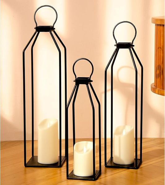 Perfnique Modern Farmhouse Lanterns, Set of 3 Black Metal Lanterns w/ 6hr Timer Flickering Flameless Candles, Decorative for Outdoor Decor, Front Porch, Indoor, Patio, Garden, Fireplace, Christmas