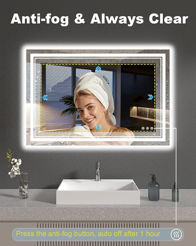 48x32 Inch LED Lighted Bathroom Mirror, Light Up Bathroom Vanity Mirror Unbreakable with 2 Front Lights & Back Lit, 3 Colors Stepless Dimmable, Anti-Fog, Memory Function, Closable Blue Buttons
