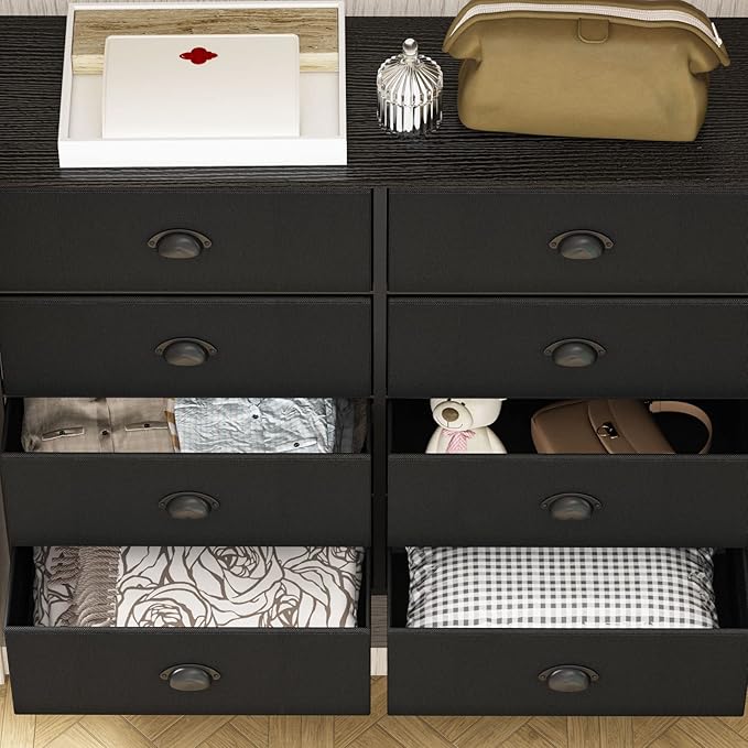 Furnulem Dresser with 8 Fabric Drawers, Wide Console Table for 50'' TV, Storage Organizer Unit for Bedroom, Office, Dorm, Closet, Hallway, Sturdy Metal Frame & Wood Top (Black)