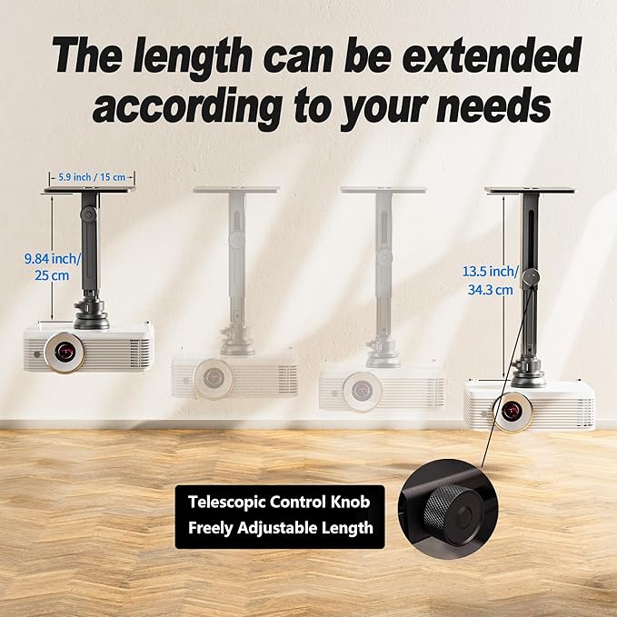 Projector Stand - Single Hole Hanging Height Adjustable Wall Ceiling Mount, Universal Mount with Retractable Arms - Aluminum Alloy Material, Load 33 lbs - Black