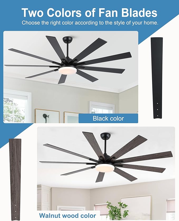 72 Inch Ceiling Fans with Lights,Large Modern Ceiling fan with Remote and 9 Wooden Blades,Dimmable,6 Speeds,Noiseless Reversible Indoor&Outdoor Fan for Bedroom,Patio,Living Room
