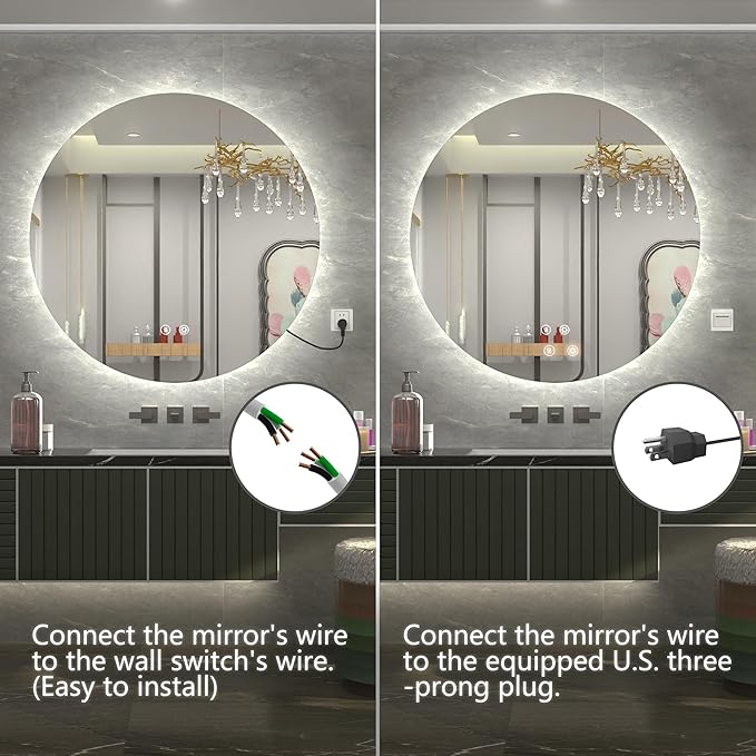 40 Inch Round LED Mirror, Backlit Round Lighted Bathroom Mirror,Large Circle Vanity Wall Mounted, Anti-Fog, Dimmable, 3000K/4500K/6000K