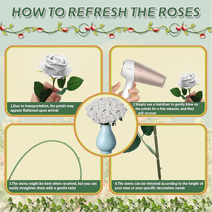 100 PCS Fake White Roses, Artificial Flowers Bulk Realistic Silk Faux Ivory Rose with Stems for Wedding Decorations Table Centerpieces Bridal Bouquet DIY Floral Arrangement Event Party Home Decor