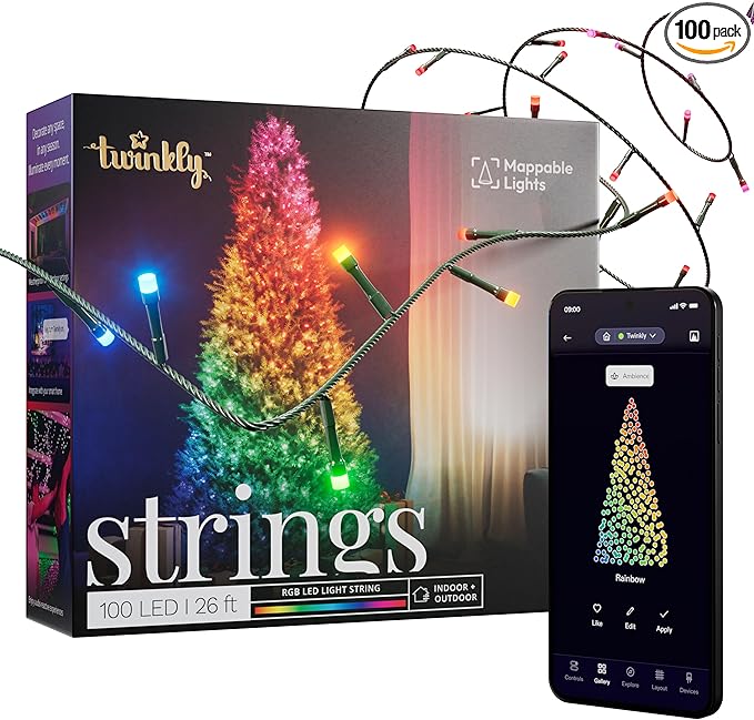 Twinkly Strings 100 LED RGB, LED Light String for in- and Outdoor, Smart LED Lights, Mappable LEDs, Compatible with Alexa and Google Home, IP44, Controlled by App, Green Wire, 8m