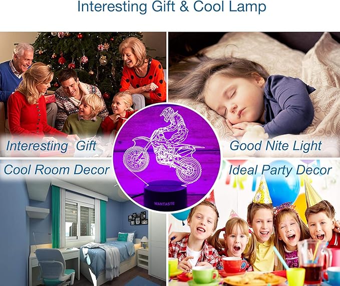 Motocross 3D Lamp Gift with Remote, Dirt Bike Decor Toys for Boys Girls Room, 7 Colors Changing Nightlight Bedside for Kids Baby