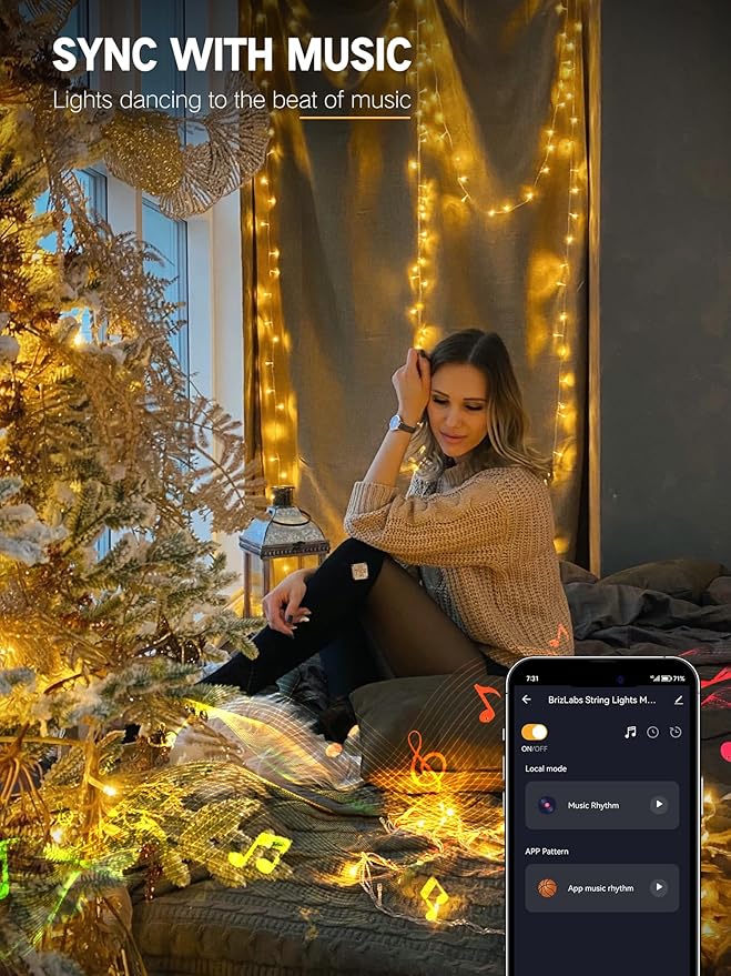 Brizled Smart Christmas Lights, 66FT 200 LED Warm White & Cool White Color Changing String Lights APP Control Fairy Light, Dimmable Music Sync Tree Light Clear Wire for Indoor Xmas Wedding Party Decor