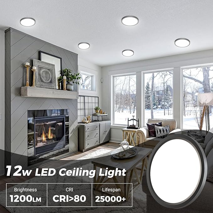 zemty 8Pack LED Ceiling Light Fixture 6.5 Inch, 12W 1200lm Ceiling Mount Light Fixtures, Adjustable 3000K 4000K 6500K, Round Flat Ceiling Lamp for Bathroom Closet Hallway Laundry (Black)