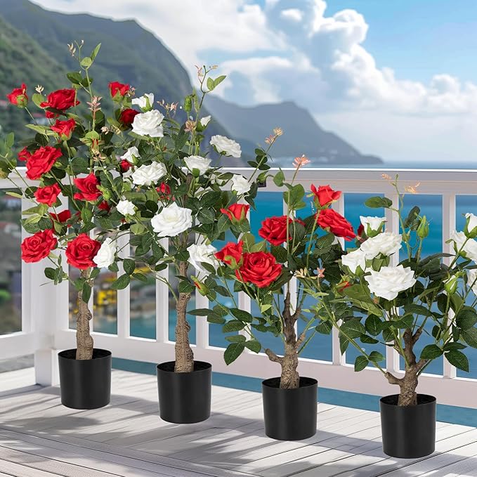 Artificial Rose Flower Trees 2 Pack- 38’’ Lifelike Plant in Pot with Red Flowers Decorative Rose Trees for Home, Office, Wedding, and Event Decor, Red