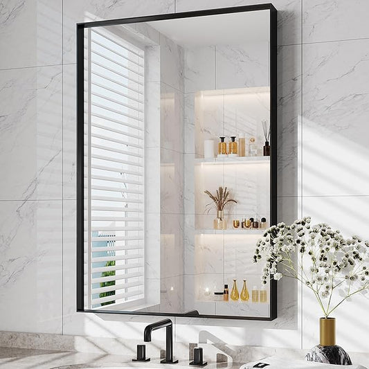 Suidia Bathroom Mirror, 24" x 36" Wall Mirror Metal Framed, Bathroom Vanity Mirror for Living Room Bedroom Bathroom Entryway, Black, Rect Corner Style
