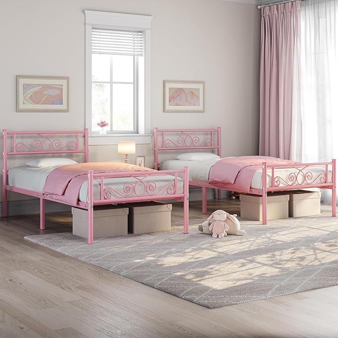 Yaheetech Twin Bed Frames Metal Platform Bed with Headboard and Footboard No Box Spring Needed Easy Assembly,Under-Bed Space: 12.6''/Pink/Twin Bed