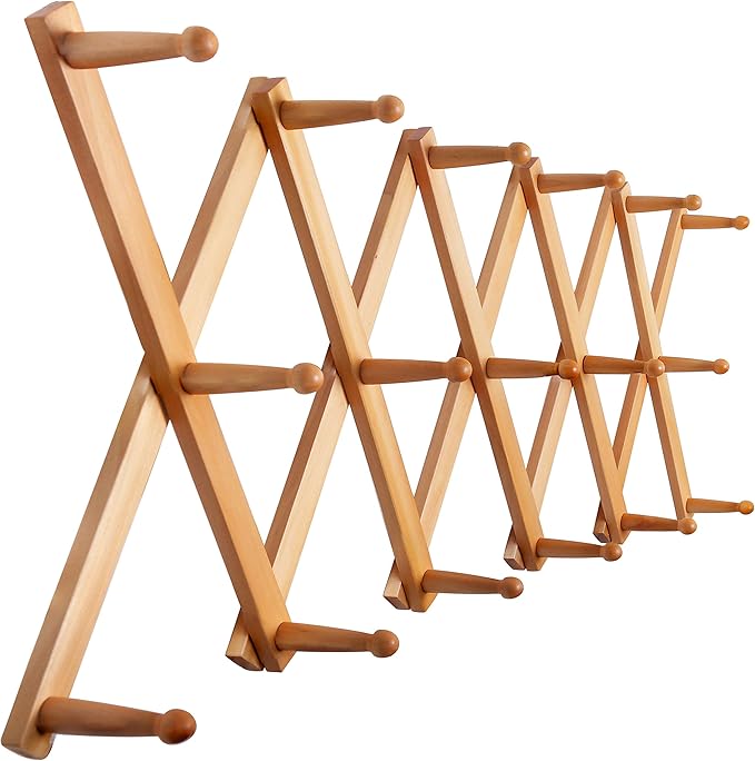 SKOLOO Hat Rack for Wall with 17 Hooks, Solid Wooden, Modern, Expandable Coat Rack Wall Mount for Coats, Hats, Bags, Baseball Caps, Natural Color
