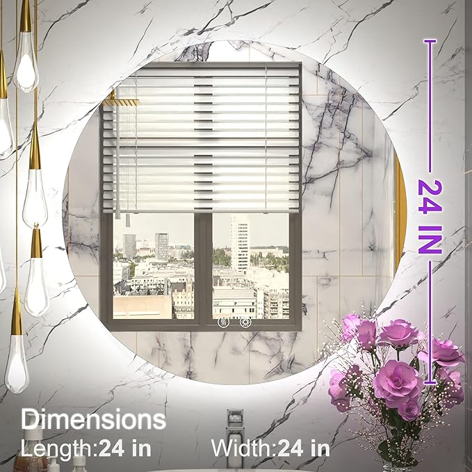 24 Inch Round LED Mirror for Bathroom,Backlit Round Bathroom Mirror with Lights, Anti-Fog, Touch, Dimmable, 3000K/4500K/6000K