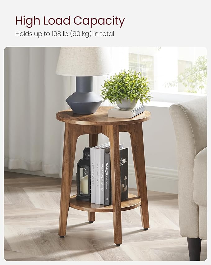 VASAGLE MAEZO Collection - Set of 2 Side Tables, 2-Tier Small Round End Tables, Nightstands with Tapered Legs, Curved Transitions, for Small Spaces, Living Room, Bedroom, Rustic Walnut ULET289K01