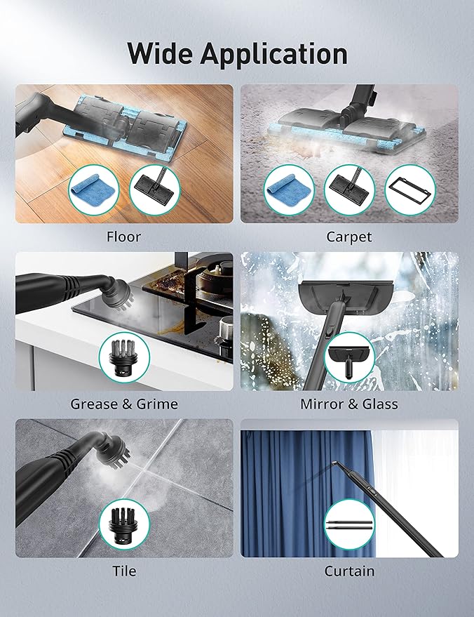Steam Cleaner, 293°F 58 PSI Powerful Multipurpose Handheld Steam Mop for Home Use, 21 Attachments, 50Oz Capacity, Heavy Duty Steamer for Carpets, Floors, Cars, Tiles, Crack Cleaning, Grey
