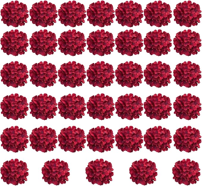 Red Hydrangea Artificial Flowers Bulk, 40 Pcs Faux Hydrangea Flowers Heads, Artificial Fake Silk Hydrangea Flowers with Stems, Red Flowers Artificial for Decoration Wedding Décor